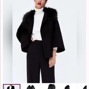 ZARA Wool Elegant Black Faux Fur Trim Cape Coat Size
